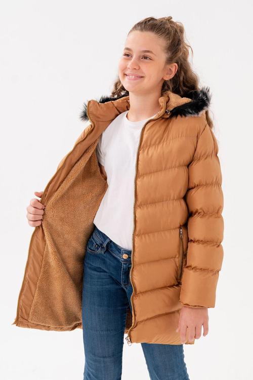 Kız Çocuk Camel Içi Polarlı Kürklü Su Geçirmez Kalın Çıkarılabilir Kapüşonlu Mont Kaban