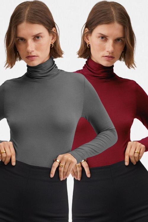 Kadın Antrasit Bordo 2'Li Balıkçı Yaka Ultra Soft Bluz