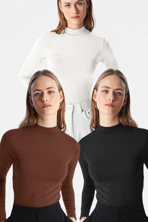 Kadın Siyah Beyaz Kahve 3'Lü Dik Yaka Uzun Kol Ultra Soft Body