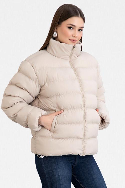 Kadın Bej İçi Kürklü Su Geçirmez Dik Yakalı Şişme Mont