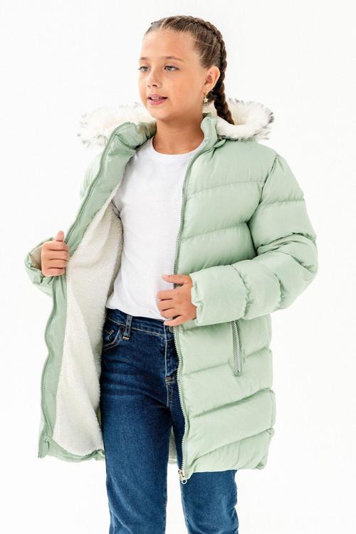 Kız Çocuk Mint Içi Polarlı Kürklü Su Geçirmez Kalın Çıkarılabilir Kapüşonlu Mont Kaban