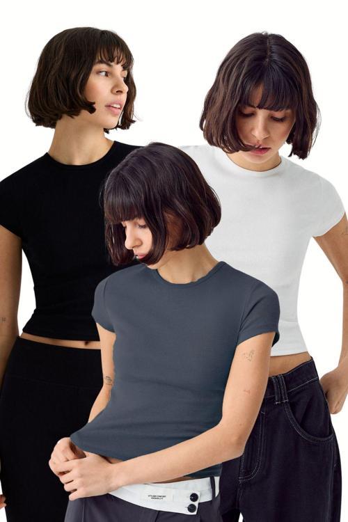 Kadın Siyah Beyaz Antrasit 3'Lü Kısakol %100 Pamuk Body