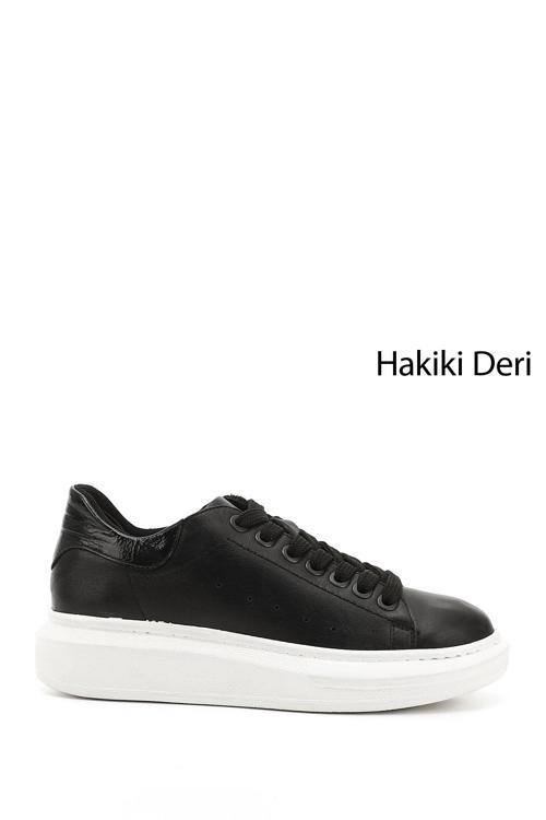 Kadın Siyah Bağcıklı Dolgu Taban Hakiki Deri Sneaker