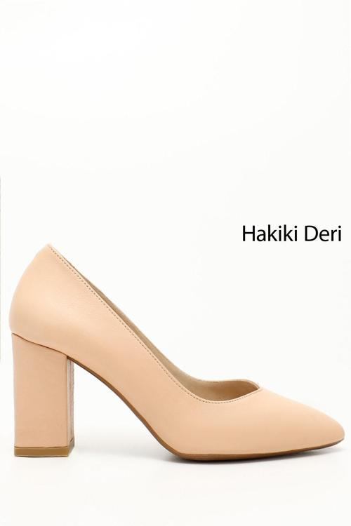 Kadın Ten Sivri Burun Yüksek Kalın Topuklu Hakiki Deri Ayakkabı