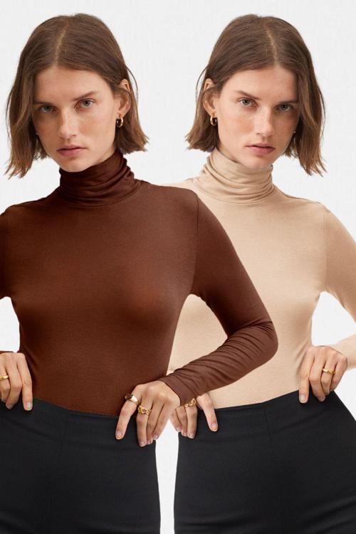 Kadın Bej Kahve 2'Li Balıkçı Yaka Ultra Soft Bluz