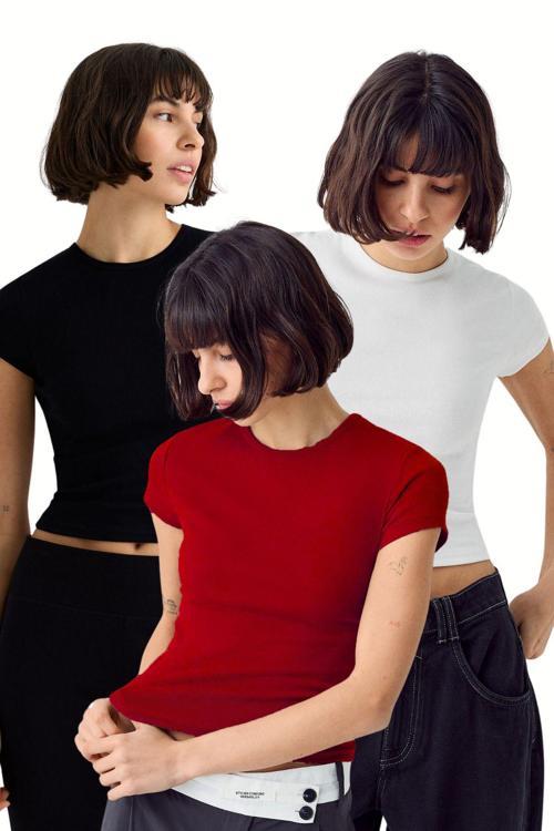 Kadın Siyah Beyaz Bordo 3'Lü Kısakol %100 Pamuk Body