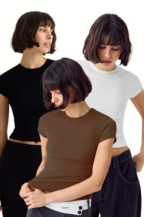 Kadın Siyah Beyaz Kahverengi 3'Lü Kısakol %100 Pamuk Body