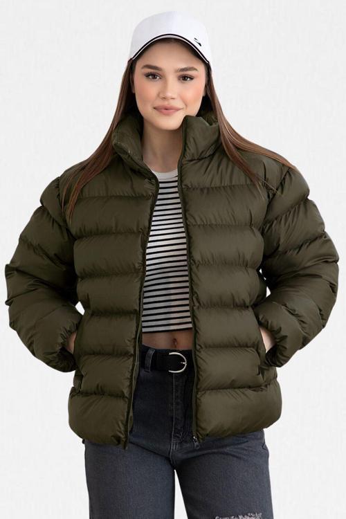 Kadın Haki İçi Kürklü Su Geçirmez Dik Yakalı Şişme Mont