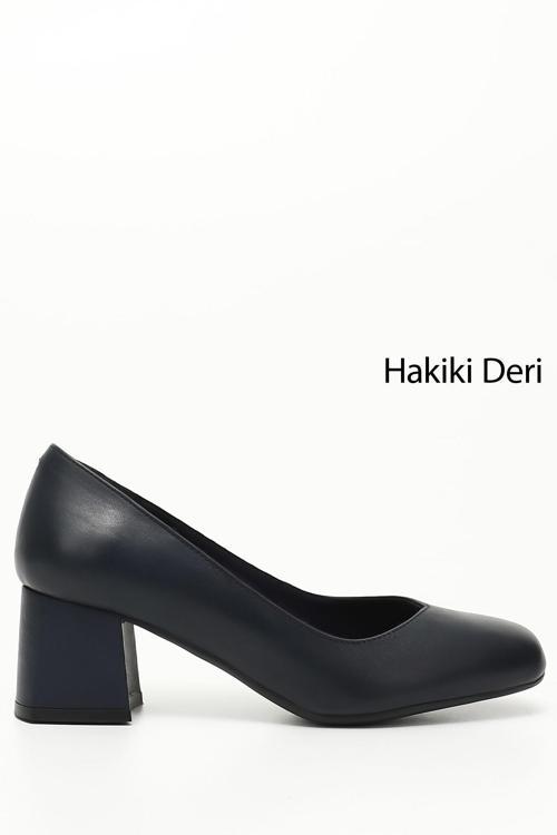 Kadın Lacivert Antik Küt Burun Orta Kalın Topuklu Hakiki Deri Ayakkabı