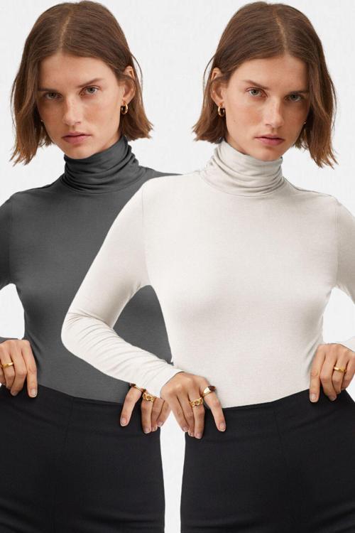 Kadın Beyaz Antrasit 2'Li Balıkçı Yaka Ultra Soft Bluz