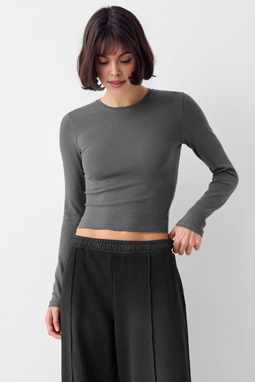 Antrasit Bisiklet Yaka Basic Ultra Soft %100 Pamuk Uzun Kol Body