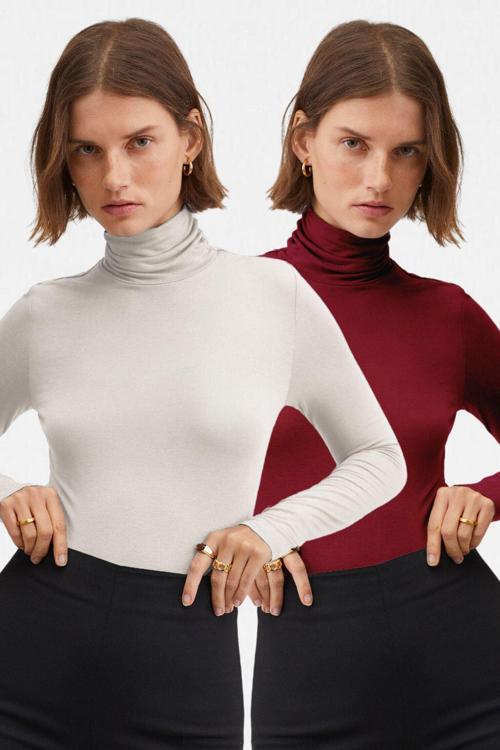 Kadın Beyaz Bordo 2'Li Balıkçı Yaka Ultra Soft Bluz