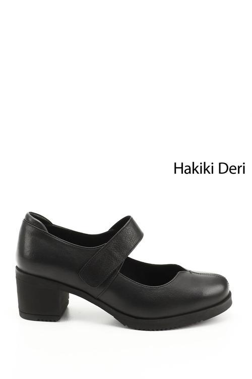 Kadın Siyah Kalın Topuklu Mary Jane Hakiki Deri Ayakkabı