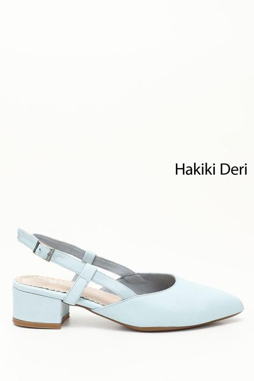 Kadın Bebek Mavisi Kalın Topuklu Arkası Açık Hakiki Deri Ayakkabı