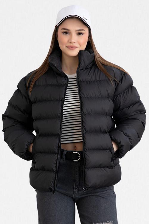 Kadın Siyah İçi Kürklü Su Geçirmez Dik Yakalı Şişme Mont