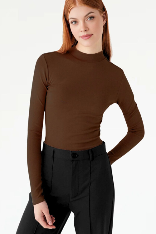 Kahve Dik Yaka Basic Ultra Soft %100 Pamuk Uzun Kol Body
