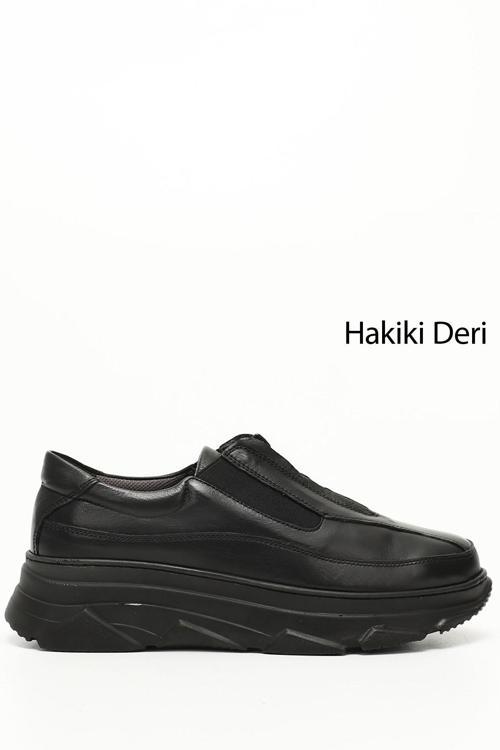 Kadın Siyah Fermuarlı Dolgu Taban Hakiki Deri Sneaker