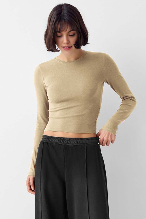 Bej Bisiklet Yaka Basic Ultra Soft %100 Pamuk Uzun Kol Body