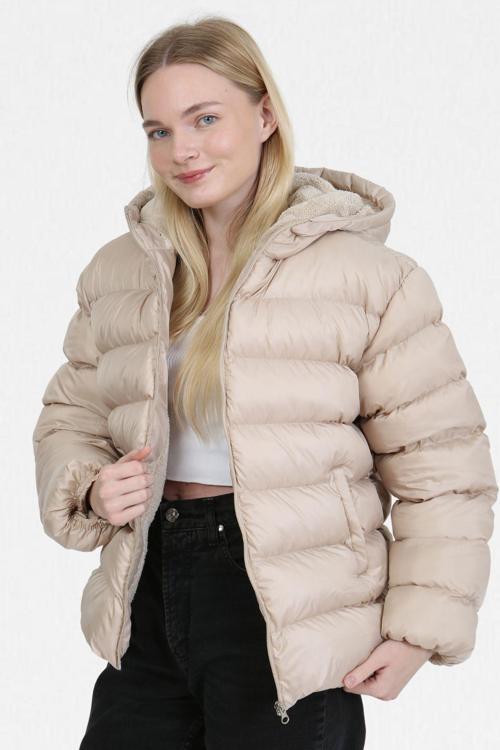 Bej İçi Kürklü Kalın Su Geçirmez Kapişonlu Şişme Mont