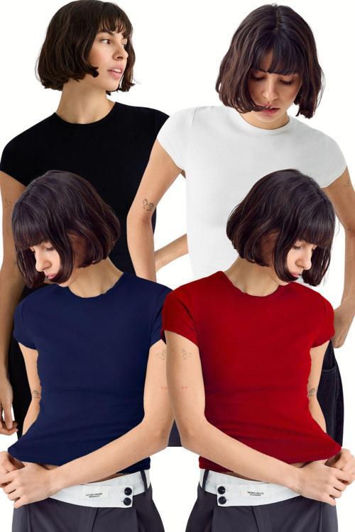 Kadın Siyah Beyaz Lacivert Bordo 4'Lü Kısakol %100 Pamuk Body