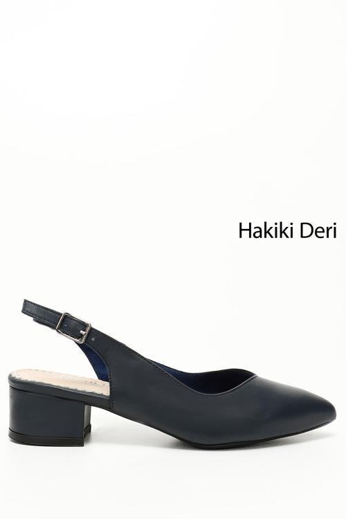 Kadın Lacivert Antik Kalın Topuklu Arkası Açık Hakiki Deri Ayakkabı