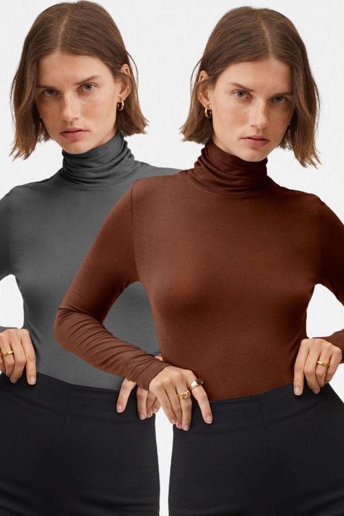 Kadın Kahve Antrasit 2'Li Balıkçı Yaka Ultra Soft Bluz