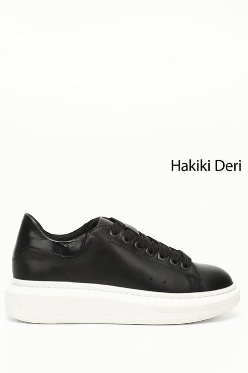 Kadın Siyah Bağcıklı Dolgu Taban Hakiki Deri Sneaker