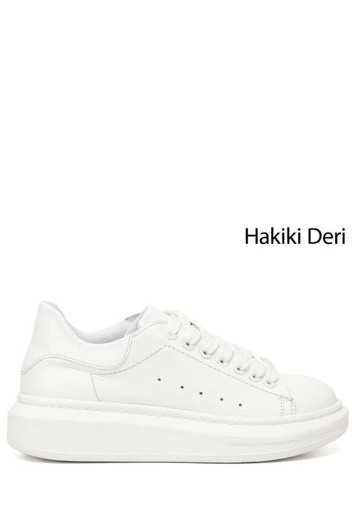 Kadın Beyaz Bağcıklı Dolgu Taban Hakiki Deri Sneaker