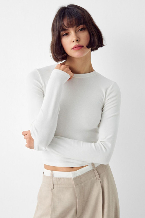 Beyaz Bisiklet Yaka Basic Ultra Soft %100 Pamuk Uzun Kol Body