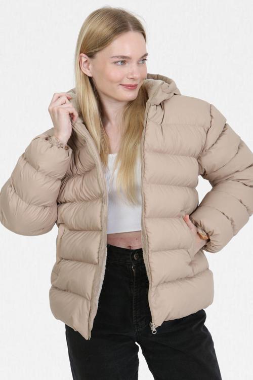 Bisküvi İçi Kürklü Kalın Su Geçirmez Kapişonlu Şişme Mont