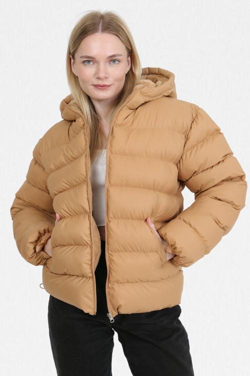 Camel İçi Kürklü Kalın Su Geçirmez Kapişonlu Şişme Mont