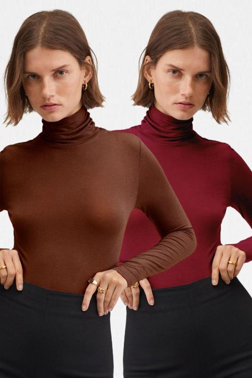 Kadın Kahve Bordo 2'Li Balıkçı Yaka Ultra Soft Bluz