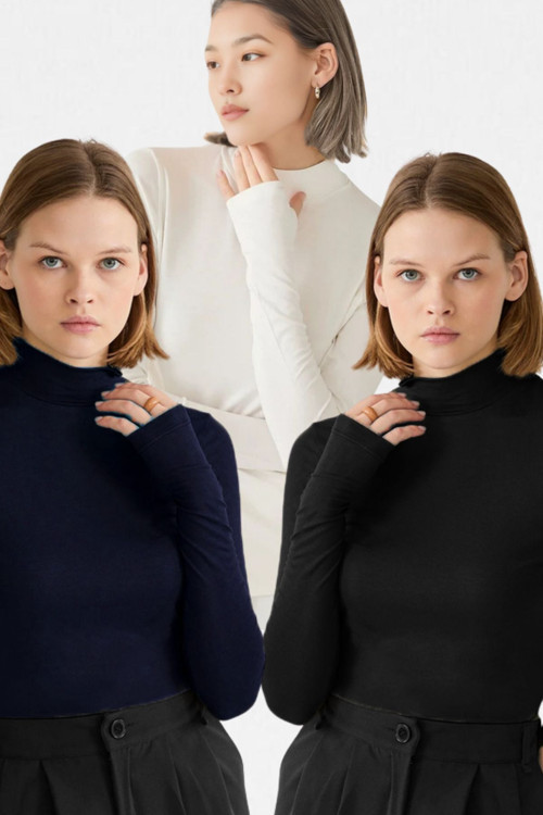 Kadın Siyah Beyaz Lacivert 3'Lü Parmak Detaylı Ultra Soft Body