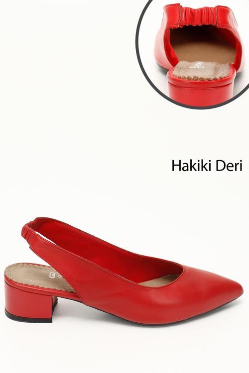 Kadın Kırmızı Antik Kalın Topuklu Arkası Açık Hakiki Deri Ayakkabı