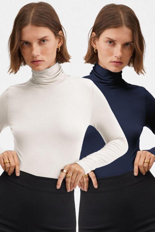 Kadın Lacivert Beyaz 2'Li Balıkçı Yaka Ultra Soft Bluz