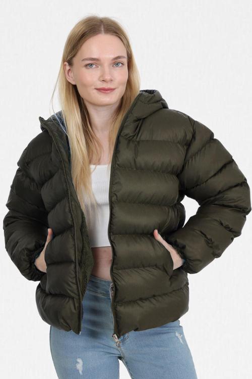 Haki İçi Kürklü Kalın Su Geçirmez Kapişonlu Şişme Mont