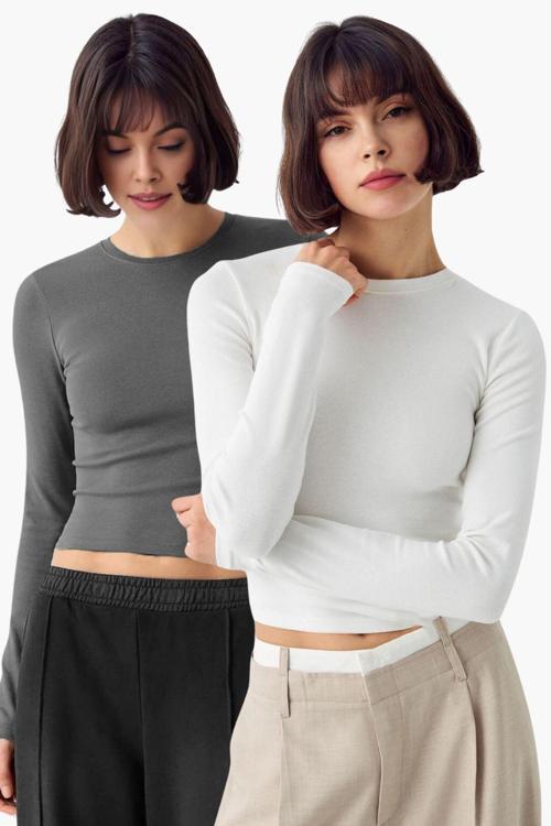 Antrasit Beyaz 2'Li Bisiklet Yaka Basic Ultra Soft %100 Pamuk Uzun Kol Bluz