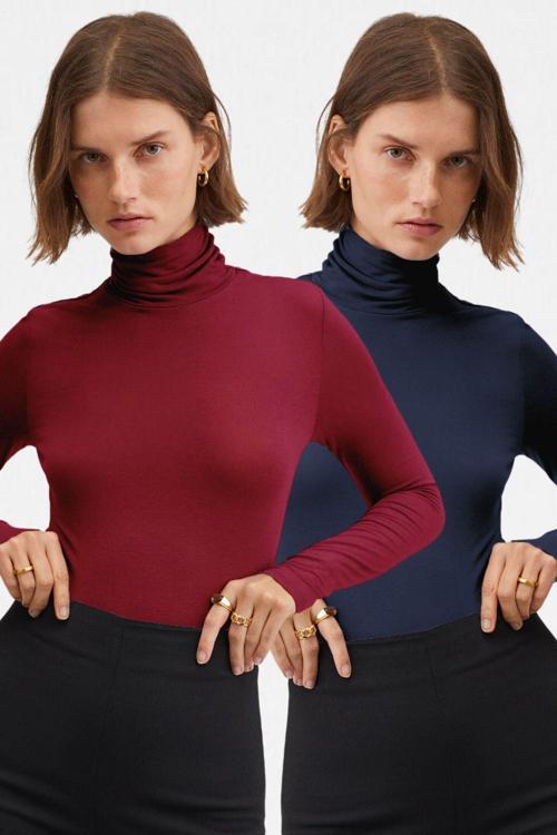 Kadın Lacivert Bordo 2'Li Balıkçı Yaka Ultra Soft Bluz