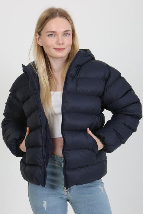 Lacivert İçi Kürklü Kalın Su Geçirmez Kapişonlu Şişme Mont