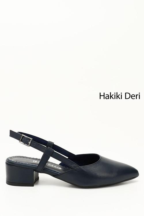 Kadın Lacivert Antik Kalın Topuklu Arkası Açık Hakiki Deri Ayakkabı