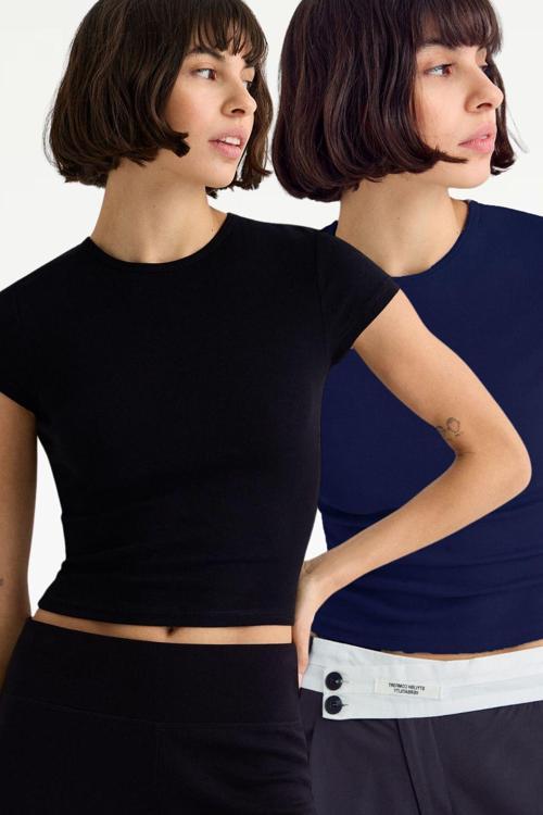 Lacivert Siyah Bisiklet Yaka Basic Ultra Soft %100 Pamuk Kısa Kol T-Shirt