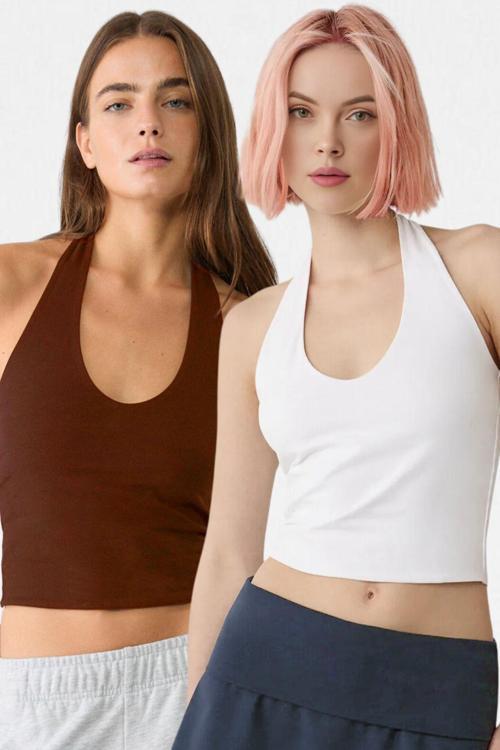 Kadın Beyaz Kahve 2'Li Halter Yaka Crop Top Body