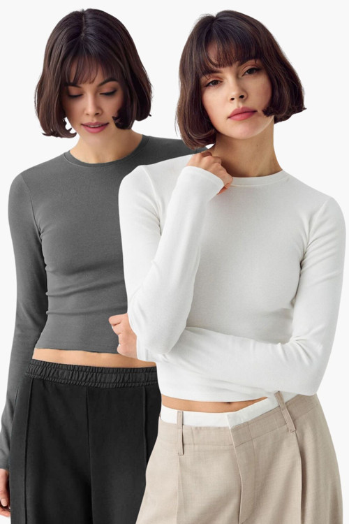 Antrasit Beyaz 2'Li Bisiklet Yaka Basic Ultra Soft %100 Pamuk Uzun Kol Bluz
