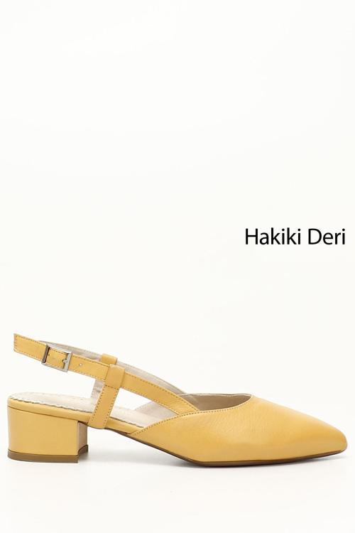 Kadın Hardal Kalın Topuklu Arkası Açık Hakiki Deri Ayakkabı