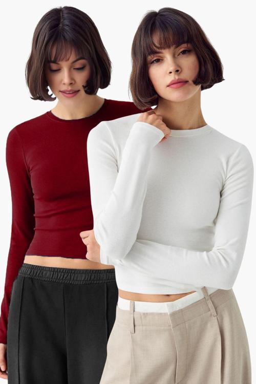 Beyaz Bordo 2'Li Bisiklet Yaka Basic Ultra Soft %100 Pamuk Uzun Kol Bluz