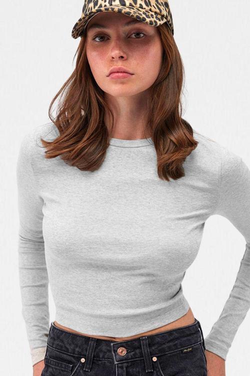 Gri Melanj Bisiklet Yaka Basic Ultra Soft %100 Pamuk Uzun Kol Body