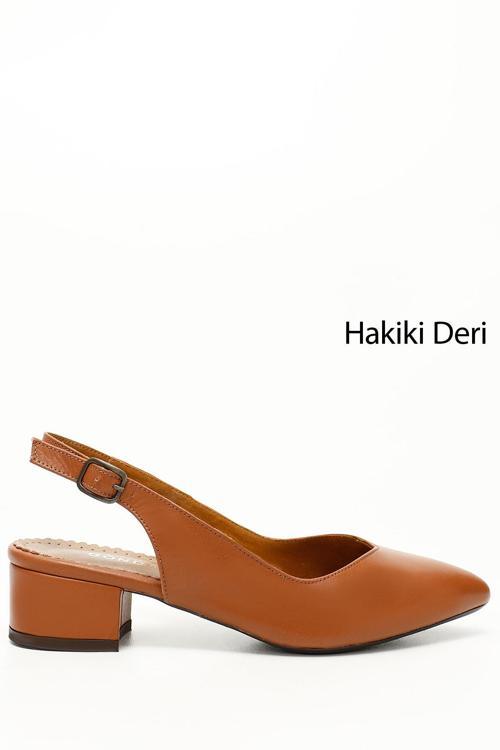Kadın Taba Antik Kalın Topuklu Arkası Açık Hakiki Deri Ayakkabı