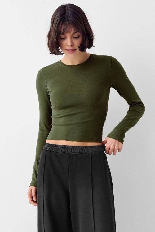 Haki Bisiklet Yaka Basic Ultra Soft %100 Pamuk Uzun Kol Body Bluz