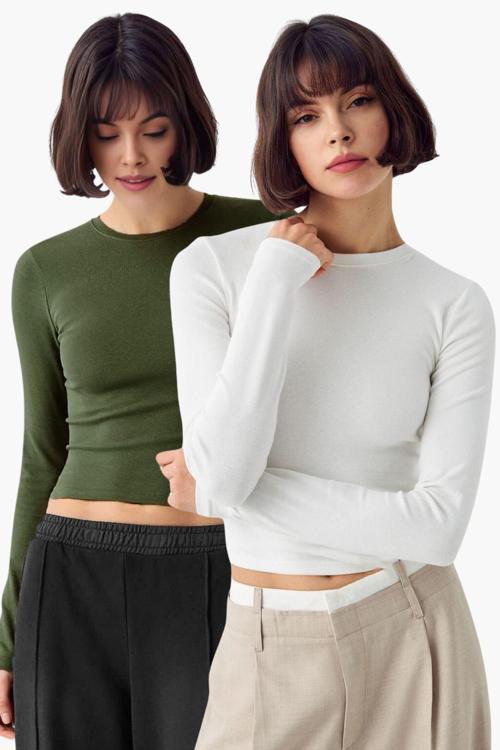 Beyaz Haki 2'Li Bisiklet Yaka Basic Ultra Soft %100 Pamuk Uzun Kol Bluz