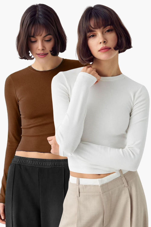 Beyaz Kahve 2'Li Bisiklet Yaka Basic Ultra Soft %100 Pamuk Uzun Kol Bluz